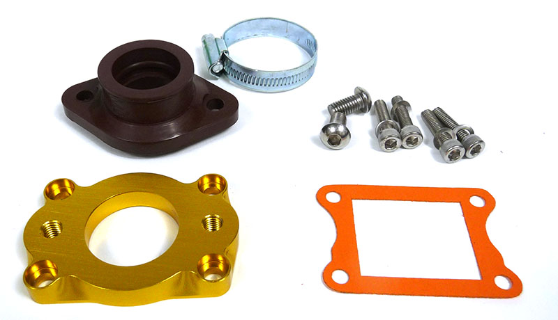 Lambretta Race-Tour Inlet manifold, large block, MB Shorty reed manifold carb mounting adaptor plate with flange rubber, PHBL/TM24, MB