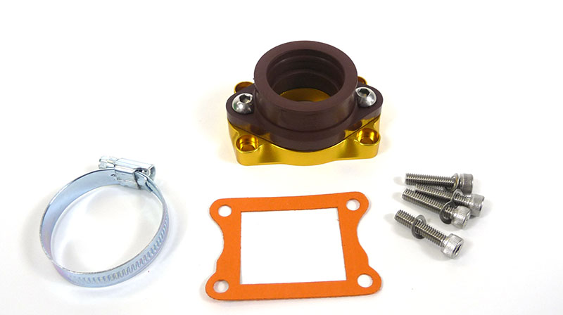 Lambretta Race-Tour Inlet manifold, large block, MB Shorty reed manifold carb mounting adaptor plate with flange rubber, Mikuni TMX35mm/Amal, MB