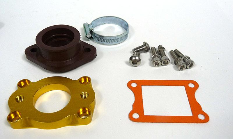 Lambretta Race-Tour Inlet manifold, large block, MB Shorty reed manifold carb mounting adaptor plate with flange rubber, PHBH, MB